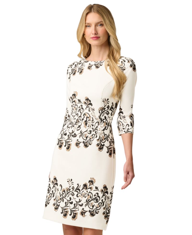 Petite Placement Print Floral Sheath Boat Neck Dress