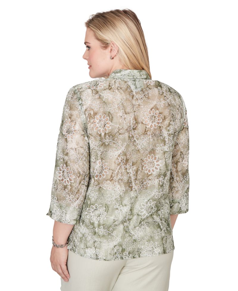 Petite Vintage-Inspired Charm Tie Dye Monotone Floral Button-Front Top