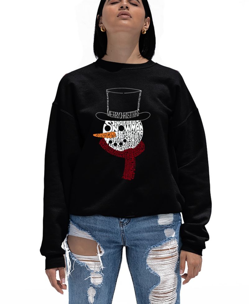 Women's Snowman Face Word Art Crew Neck Sweatshirt