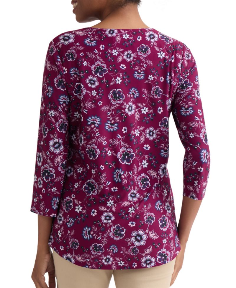 Petite Floral Print Key-Hole Detail Top