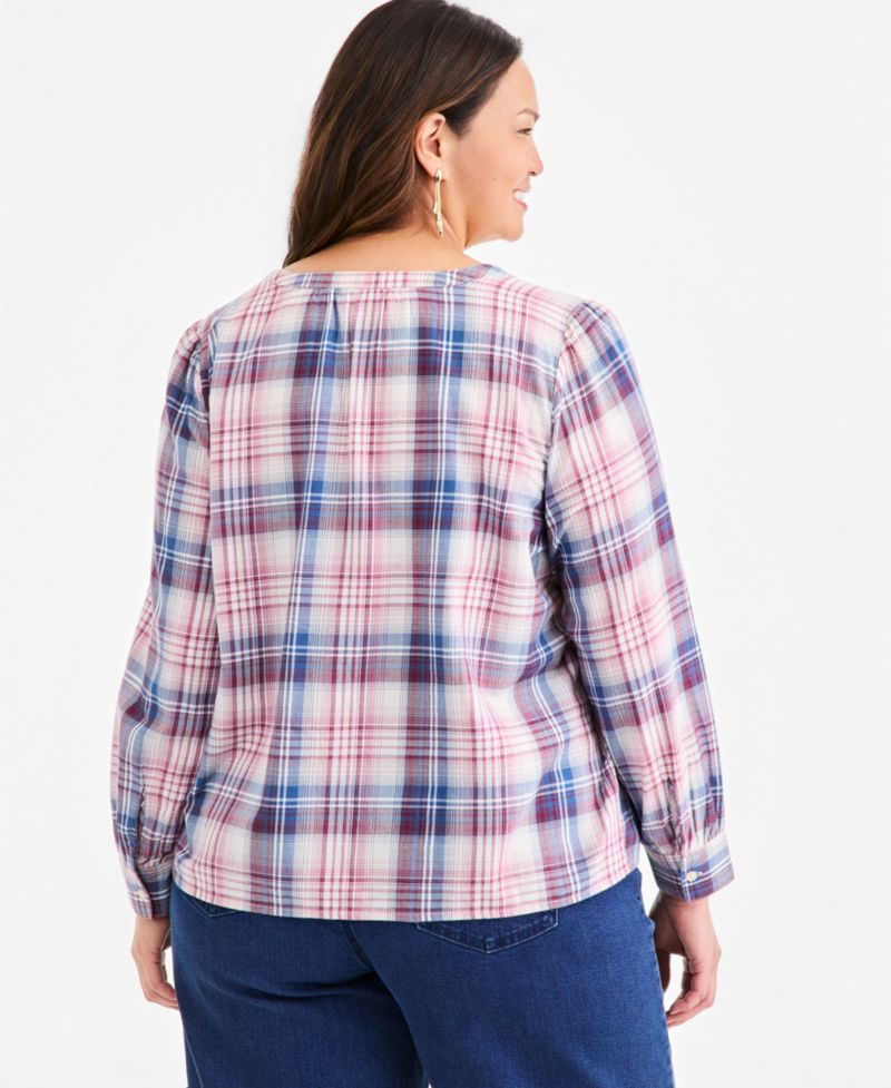 Plus Size Plaid Pintuck Long-Sleeve Top