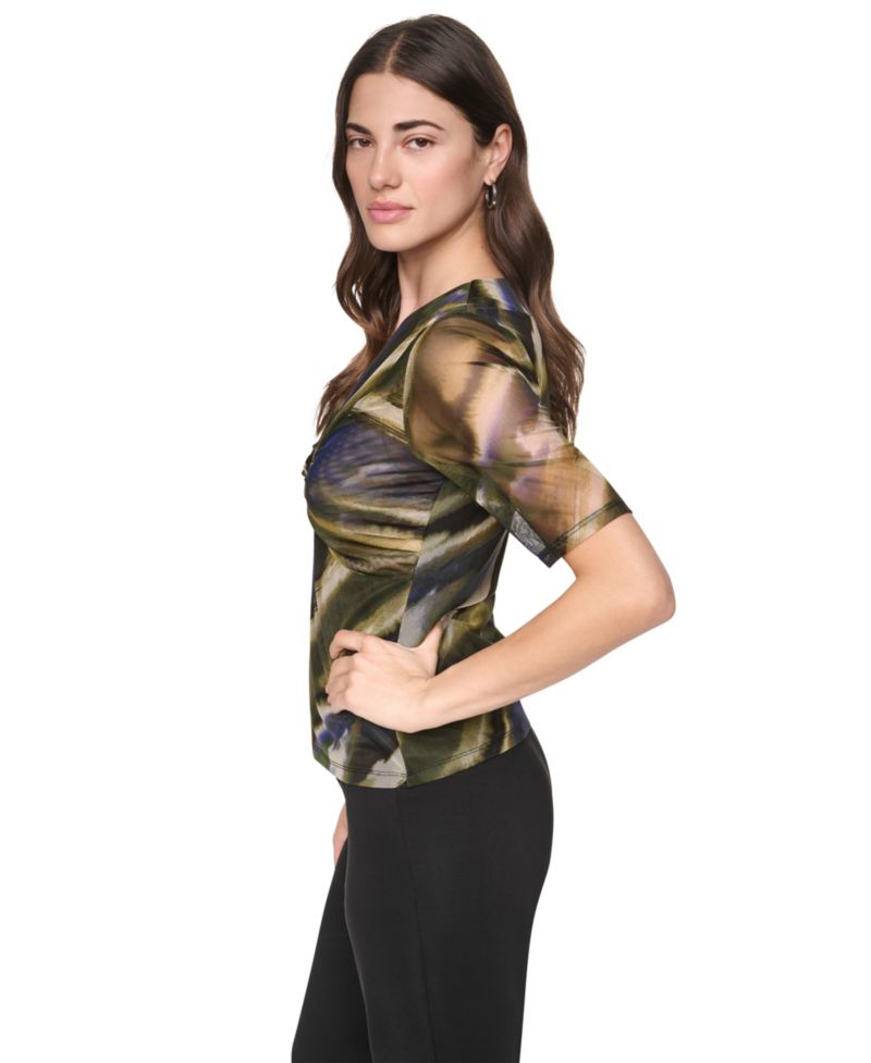Women's Printed Mesh Twist-Front V-Neck Top