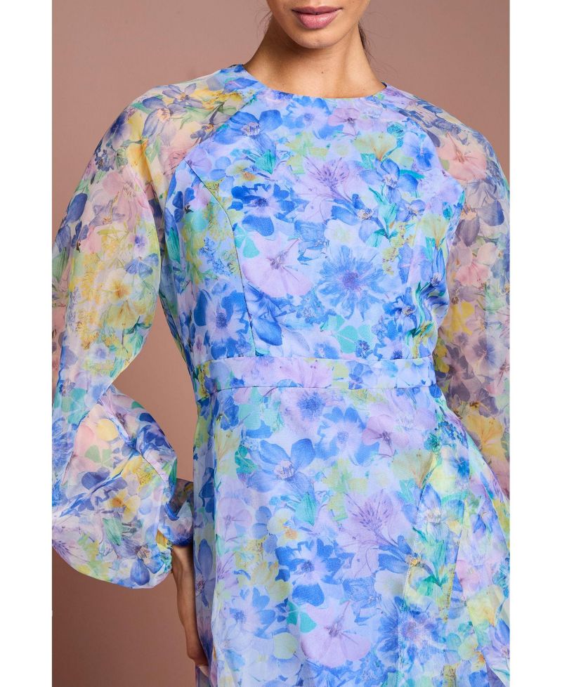 Organza Floral Puff Sleeve Midi Dress