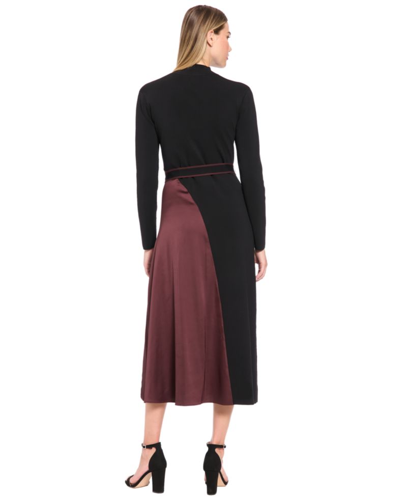 Women's Belted Mock Neck Colorblock Midi Dress