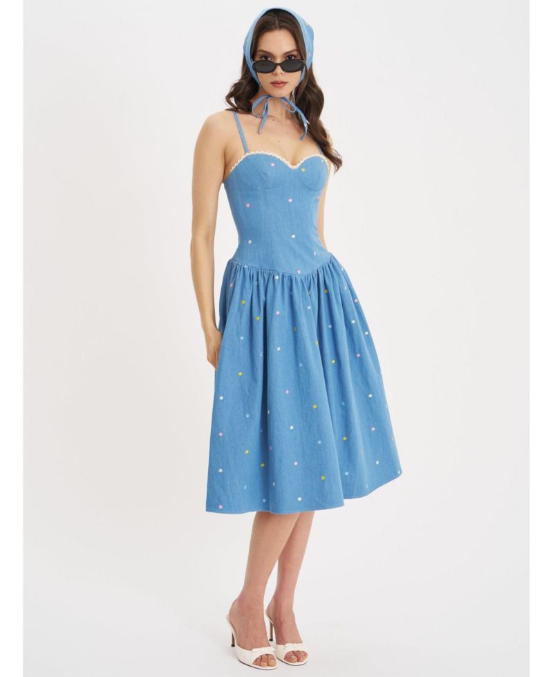Women's Zadie Cotton Denim Drop Waist Embroidery Flower Midi Dress