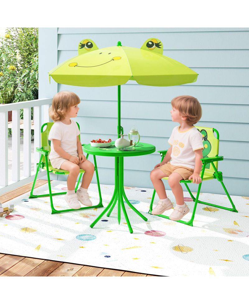 Kids Picnic Table and Chair Set w/ 2 Folding Chairs and Height Adjustable Umbrella