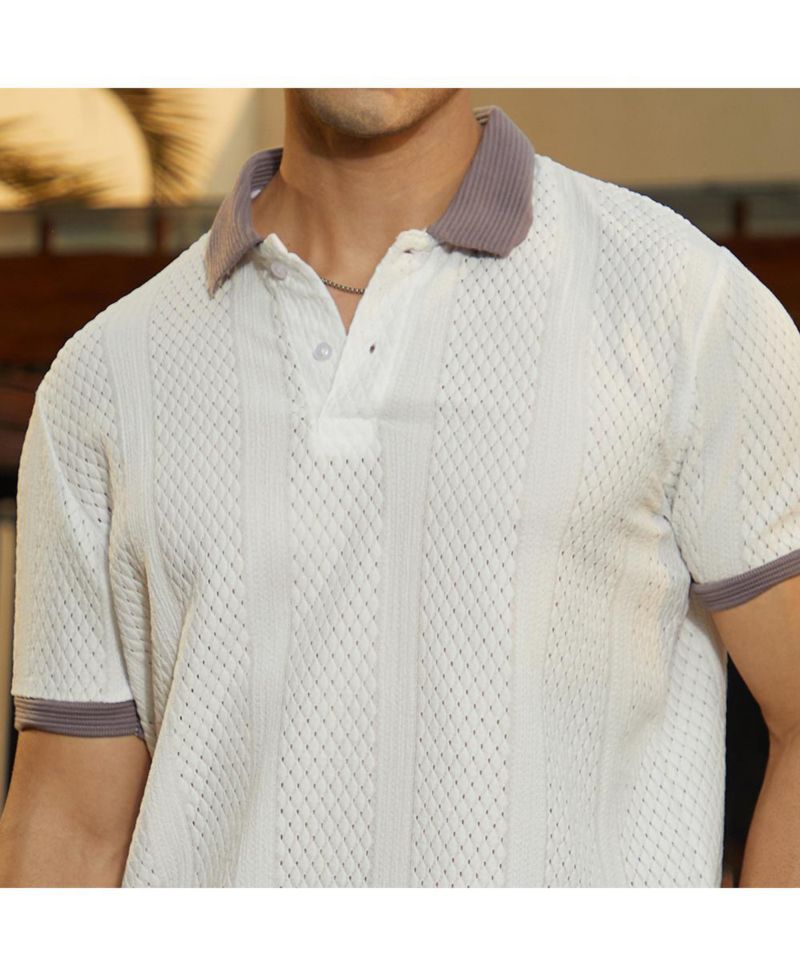 Men's Chalk White and Pastel Purple Contrast Open-Knit Polo T-Shirt