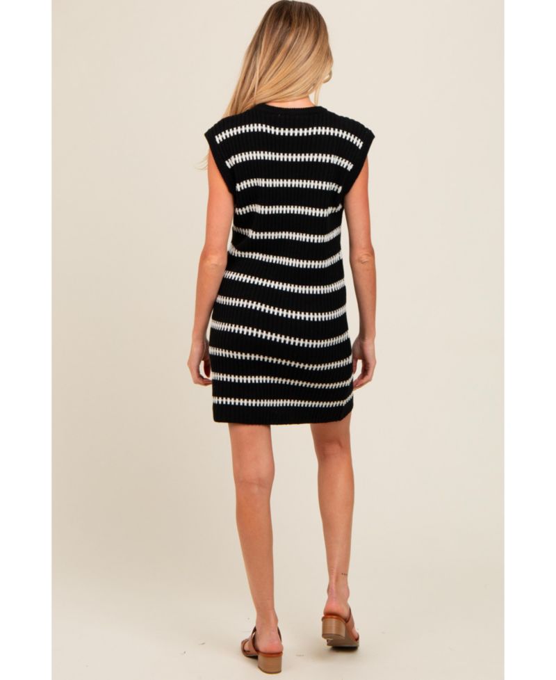 Women's Black Striped Sweater Knit Sleeveless Dress
