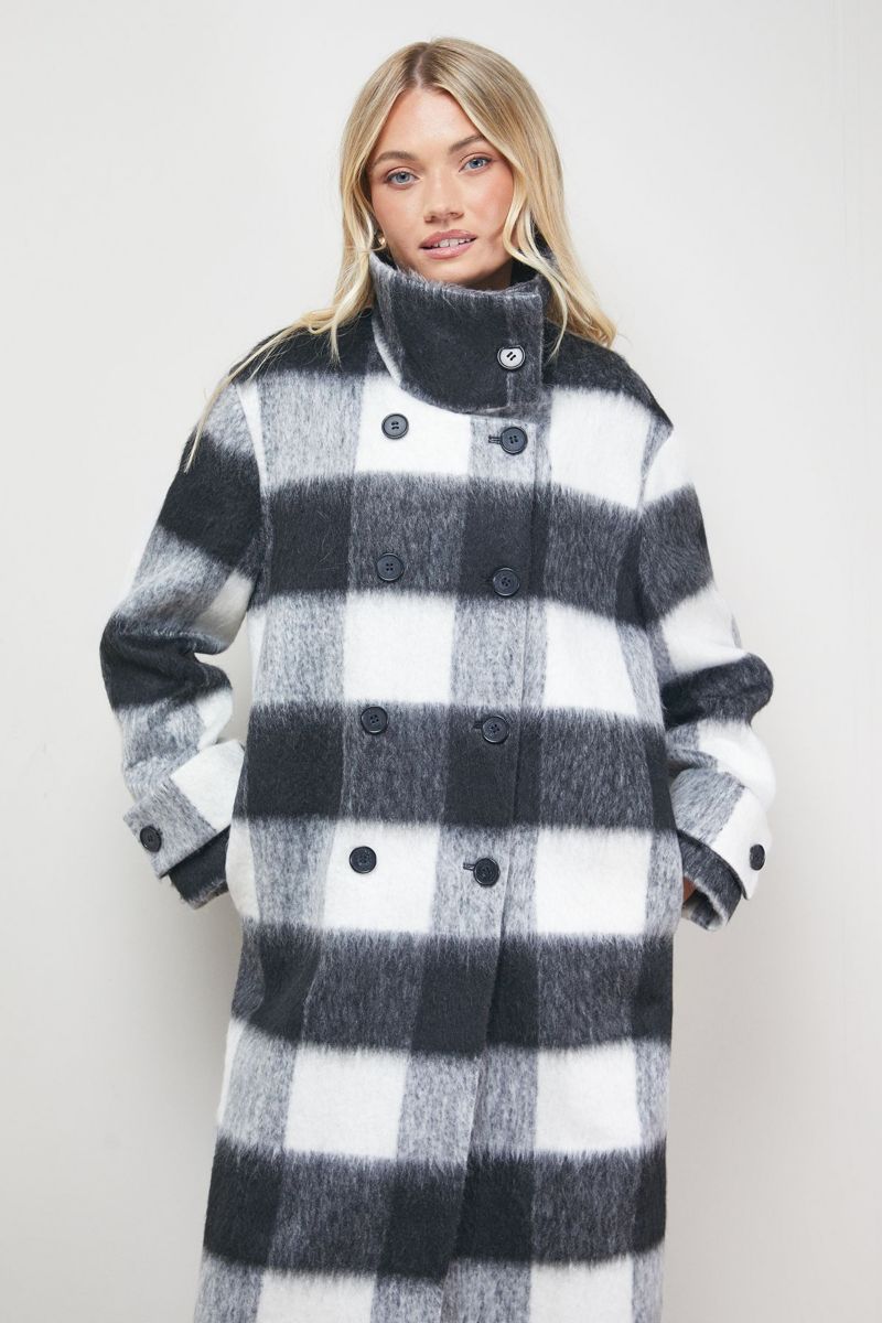 Women's Brushed Check Funnel Neck Coat