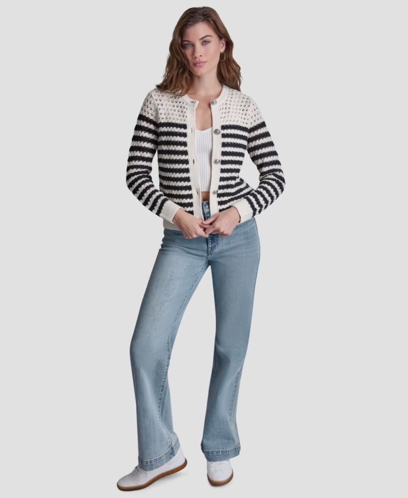 Petite Long-Sleeve Stripe Pointelle Stitch Cardigan