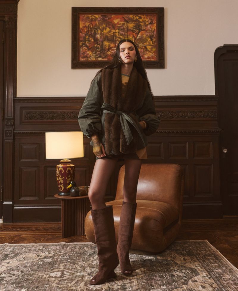 Women's Belted Faux-Fur-Trim Shawl Collar Puffer Jacket