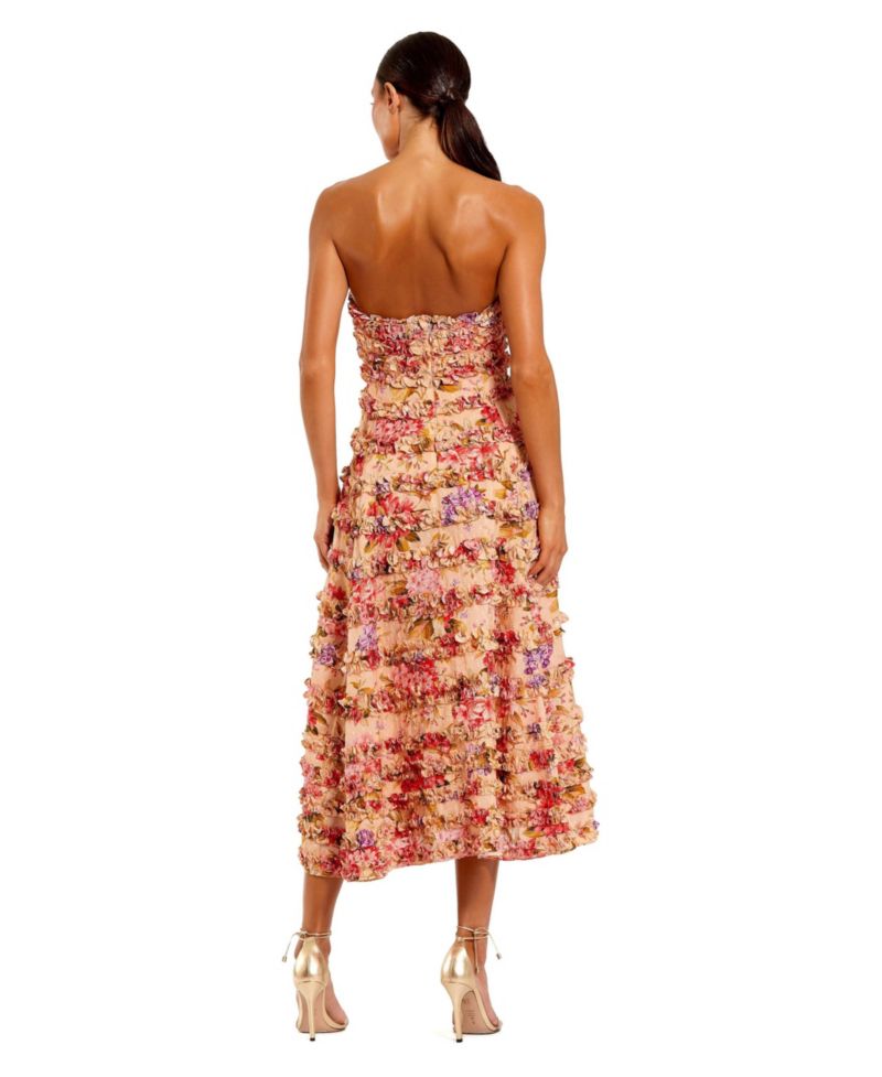 Women's Pink Ruffle Strapless Ankle Cotton Dress