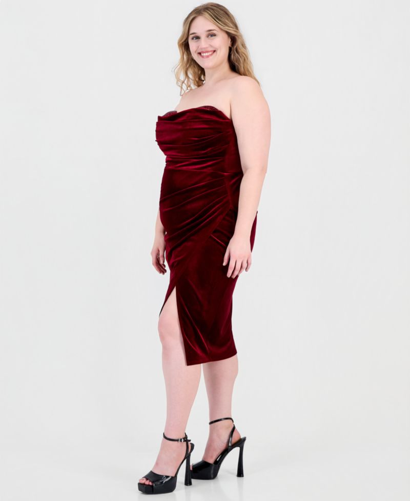 Plus Size Strapless Velvet Embellished Midi Dress