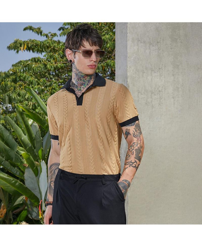 Men's Buff Beige and Obsidian Black Arc-Tactile Polo T-Shirt