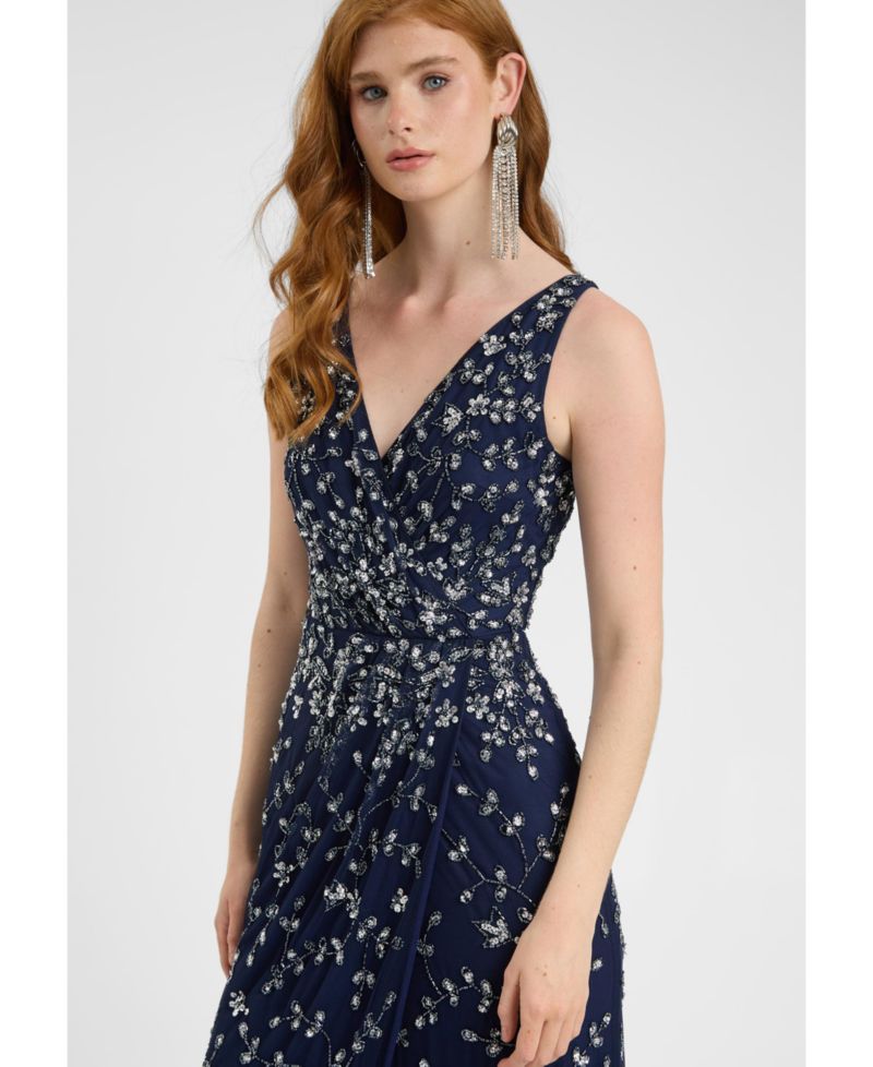 Women's Embellished Sequin Beaded Maxi Dress With Wrap Bottom