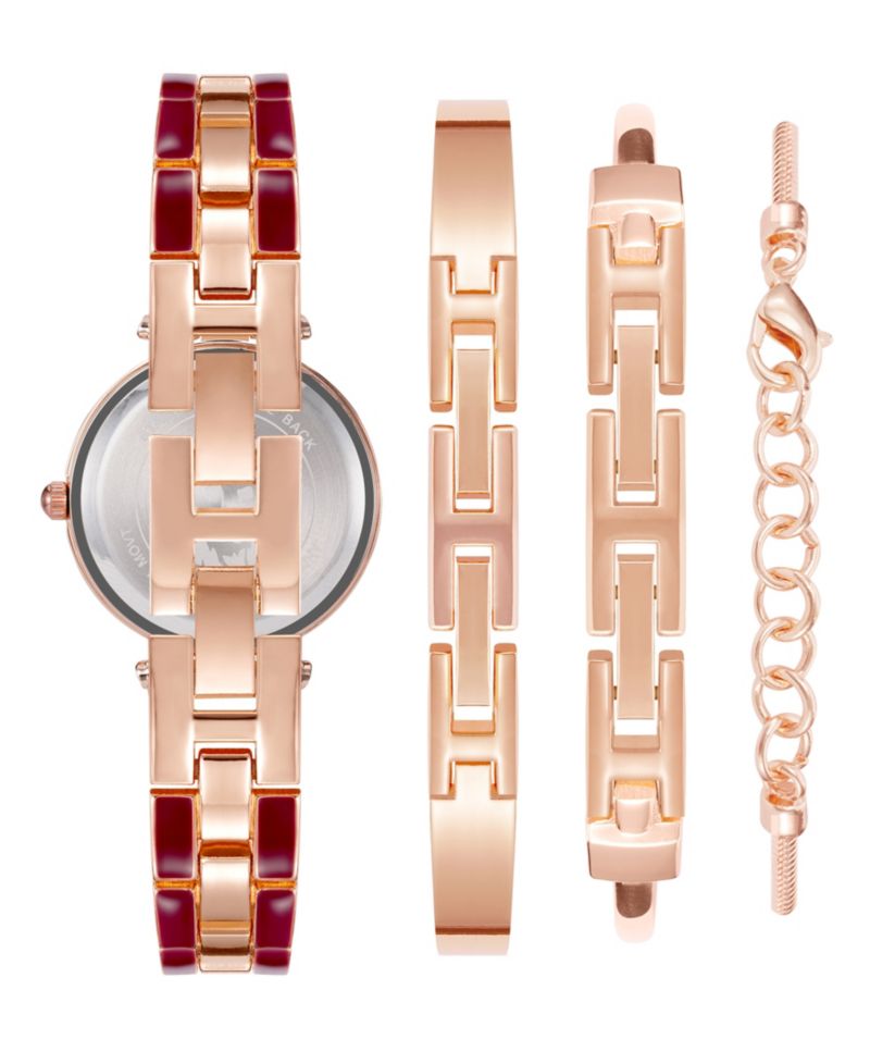Women's Rose Gold-Tone Alloy Bracelet with Burgundy Enamel and Crystal Accents Fashion Watch 34mm Set 4 Pieces