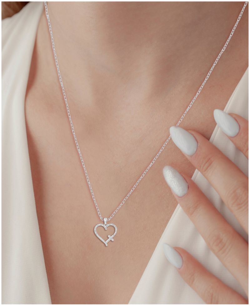 Diamond Heart & Cross 18" Pendant Necklace (1/10 ct. t.w.) in Sterling Silver or Sterling Silver & 14k Gold-Plate