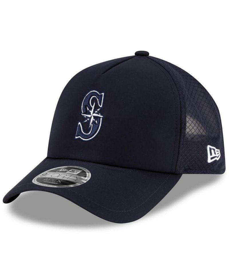 Men's Navy Seattle Mariners 2026 Batting Practice Apex 9FORTY Adjustable Trucker Hat