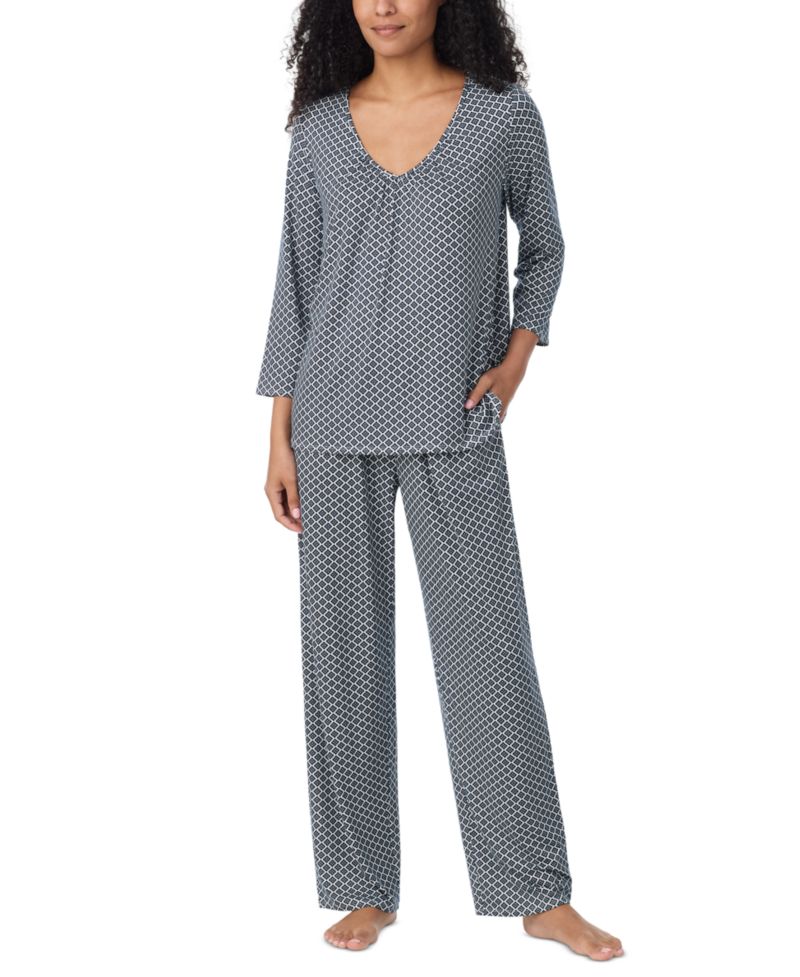 Women's V-Neck 3/4 Sleeve Top and Pants, 2-Piece Pajama Set