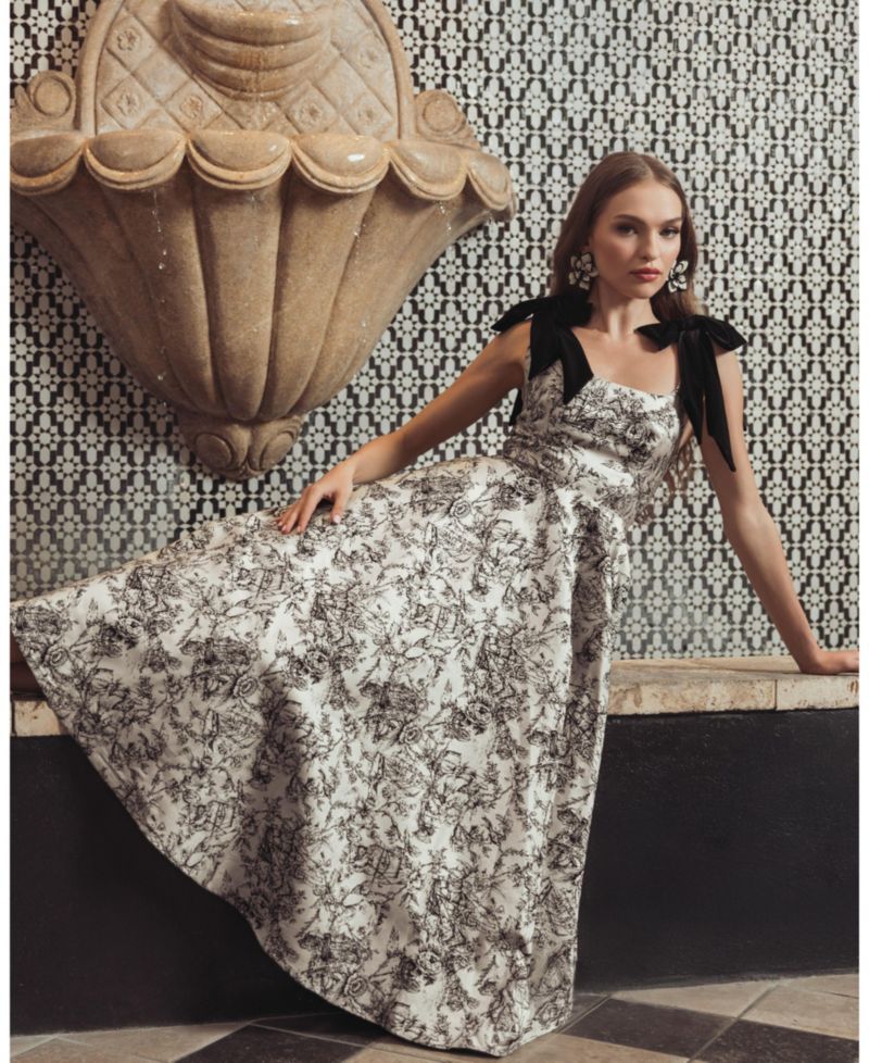 Women's Floral Brocade A-Line Midi Dress with Bow Straps
