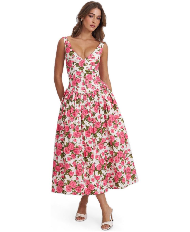 Women Wilfreda Blooming Pink Floral Linen Sweetheart Midi Dress