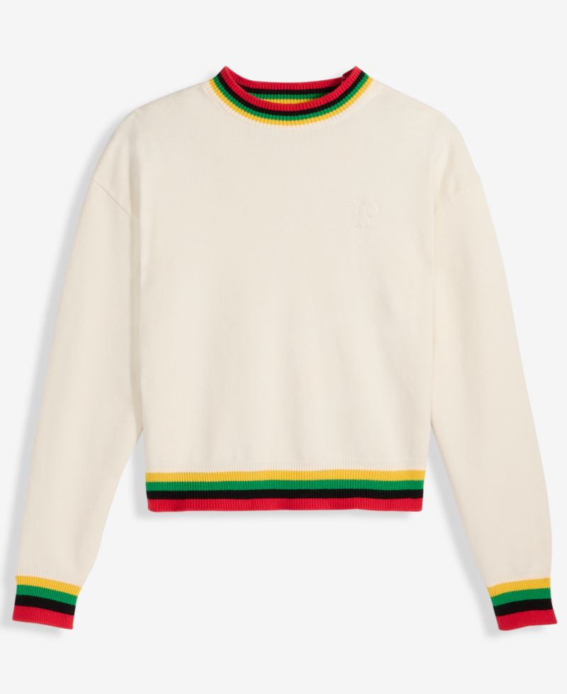 Women's Striped-Trim Crewneck Long-Sleeve Logo Sweater