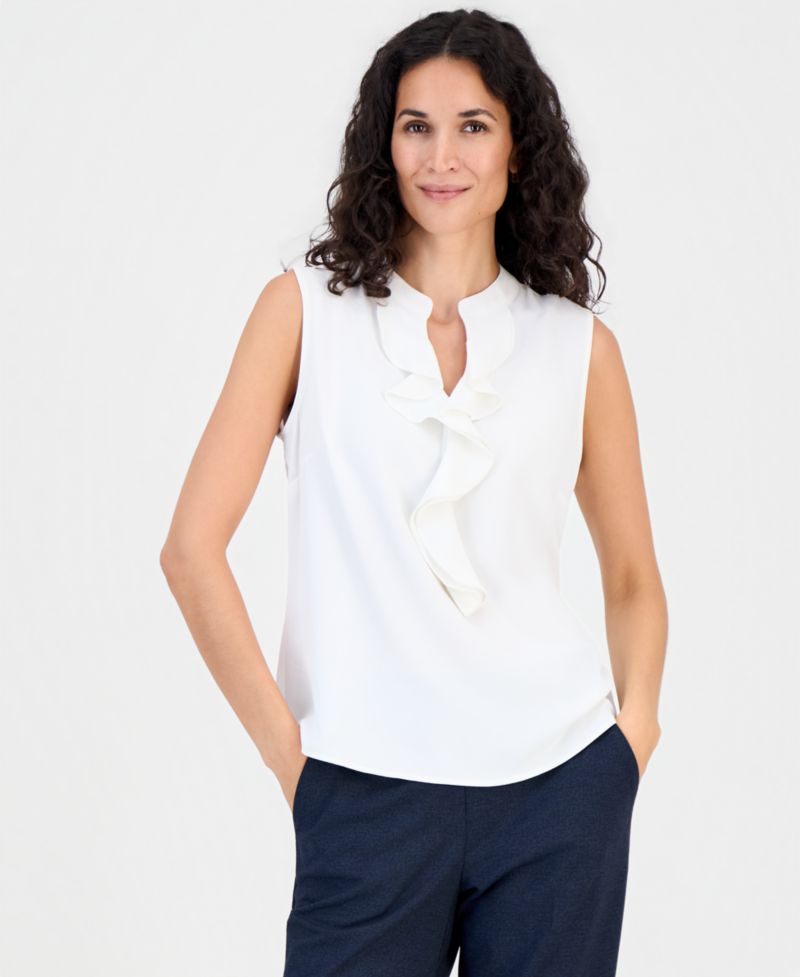 Women's Ruffled Split-Neck Sleeveless Blouse