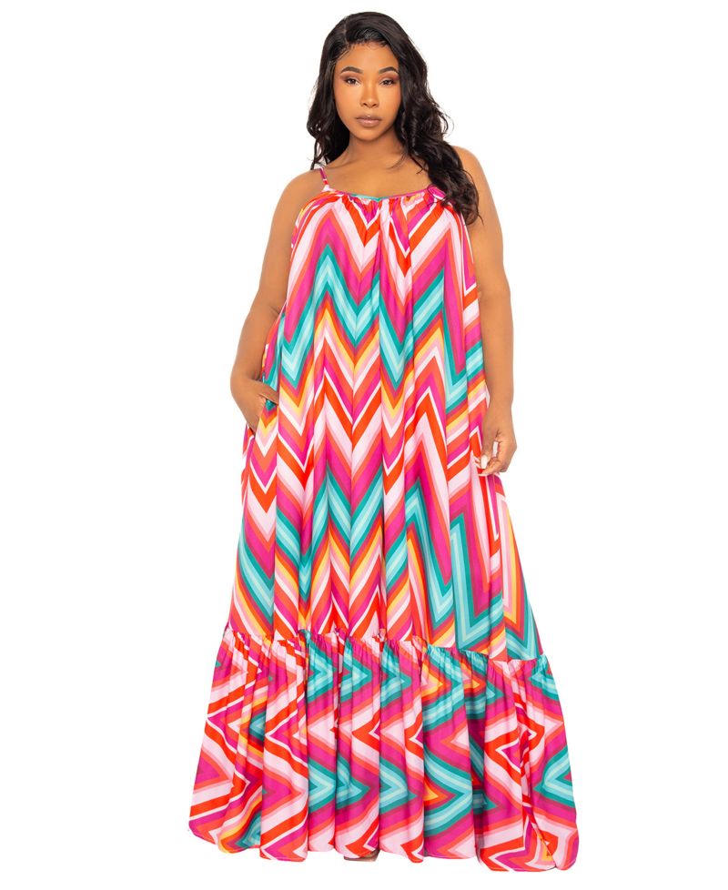 Plus Size Chevron Voluminous Maxi Dress