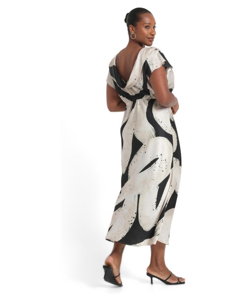 Plus Size Drew Printed Satin Fit-and-Flare Boat-Neck Midi Dress