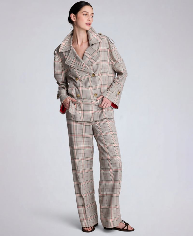 Women's Glen Plaid Button Front Drop Waist Belted Trench Jacket