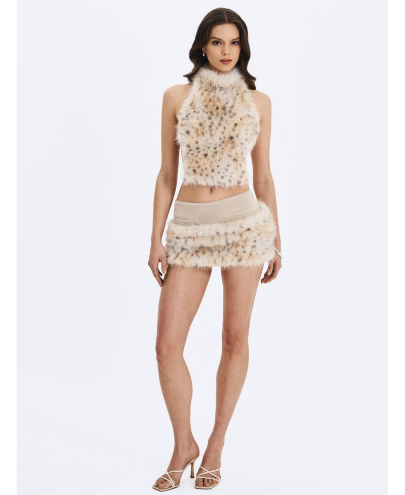 Women's Sasha Tan Cheetah Backless Contoured Fur Halter Top