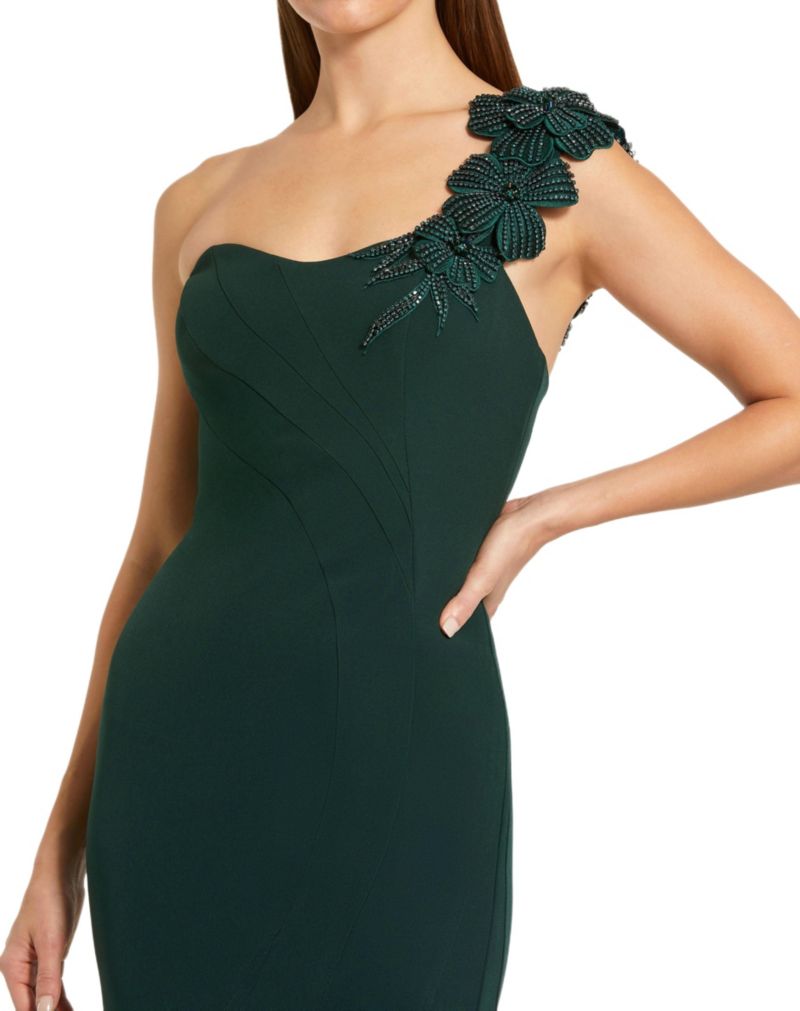 Women's Crepe One Shoulder Beaded Flower Mermaid Gown