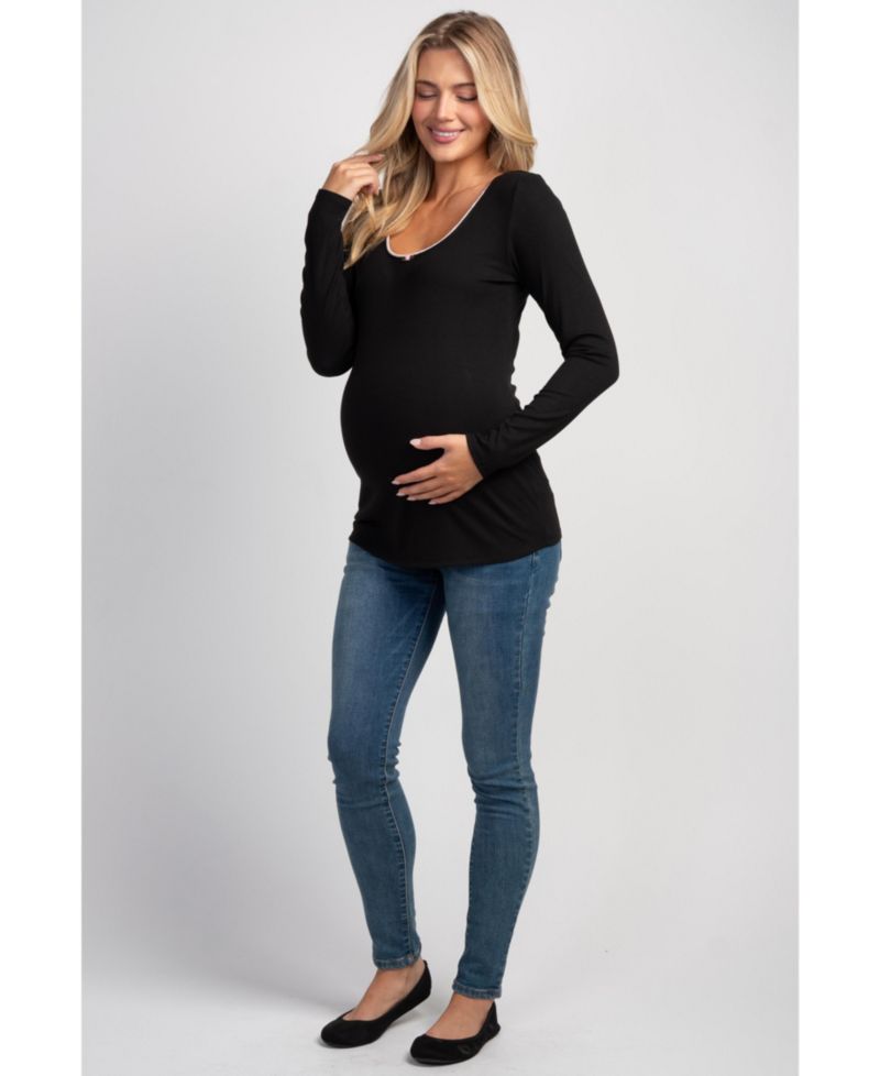 Maternity Long-Sleeve Scoop-Neck Lace-Trim T-Shirt