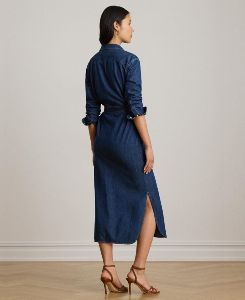 Women's Collared Belted Denim Midi Shirt-Dress
