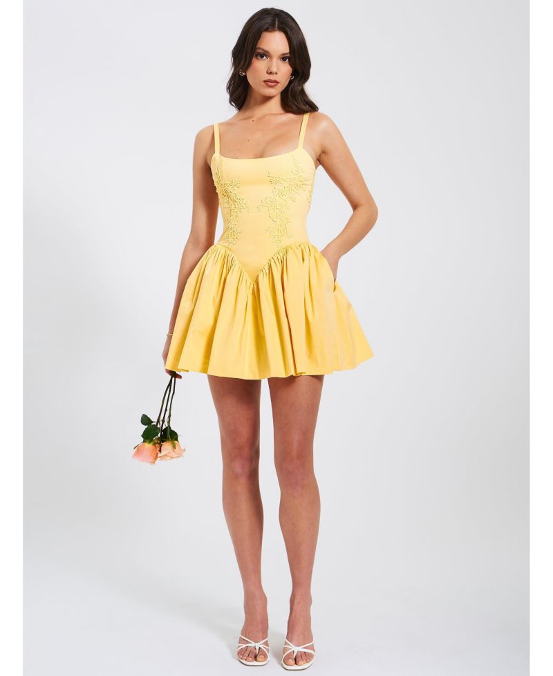 Women's Kadi Yellow Cotton Drop Waist Corset Mini Dress