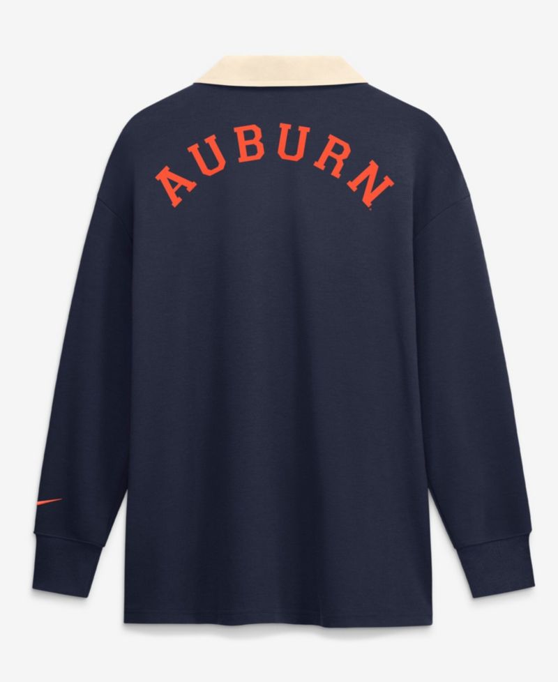 Women's Navy Auburn Tigers Oversized Essential Dri-FIT Long Sleeve V-Neck Polo Shirt