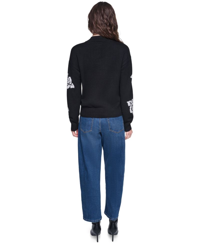 petite Mock-Neck Long-Sleeve Floral Sweater