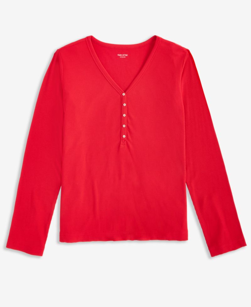 Women's Long-Sleeve Ribbed Henley Sleep Top XS-3X