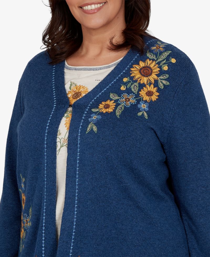 Plus Size V-Neck Long-Sleeve Floral-Embroidered Cotton-Blend Cardigan Sweater