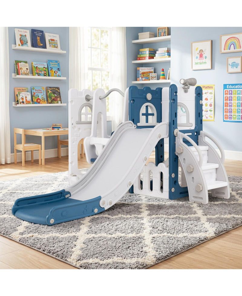 Toddler 7-in-1 L-Shaped Basketball Hoop Swing and Slide Set