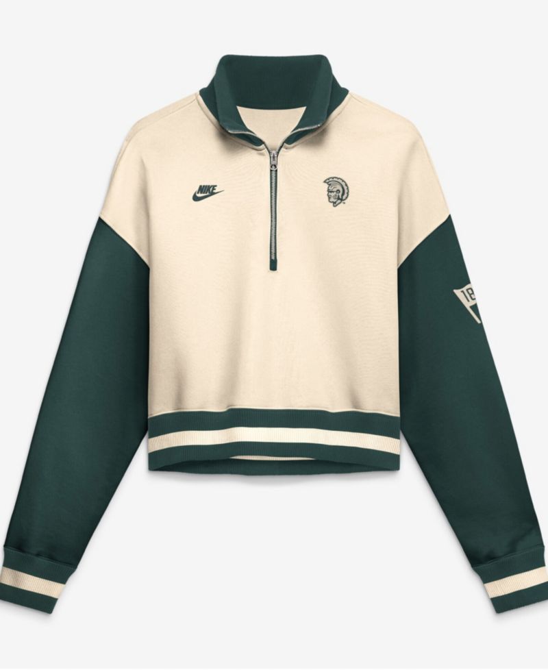 Women's Natural/Green Michigan State Spartans Oversized Legacy Color Block Cropped Quarter-Zip Pullover