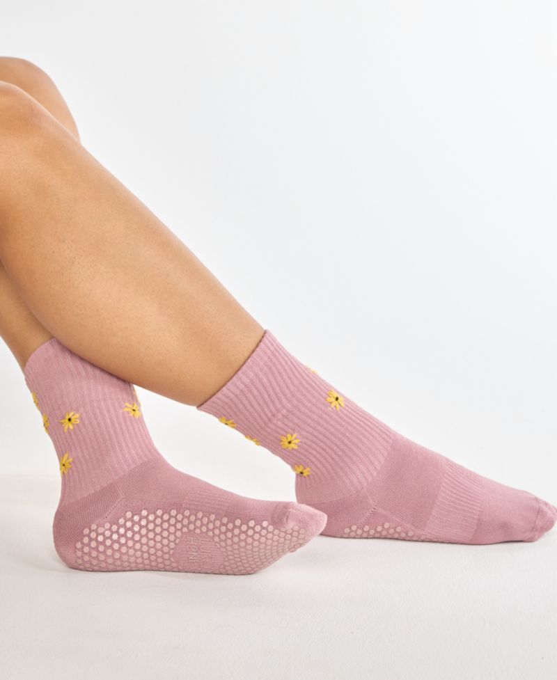 Women's Daisy Grip Embroidered Daisies Honeycomb Grip Crew Socks