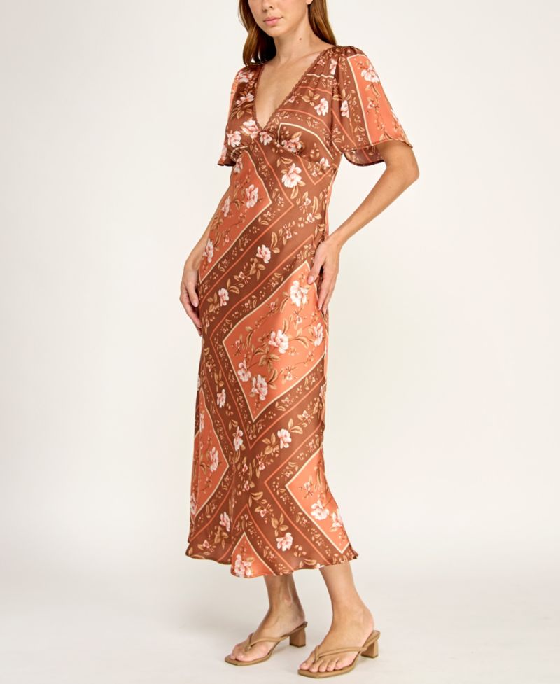 Juniors' Slim-Fit Floral Printed Satin Midi Dress
