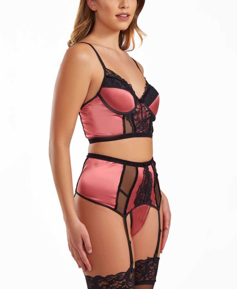 Woman's 3-Piece Underwire Padded Bra, Garter Skirt and Thong Satin Lingerie Set