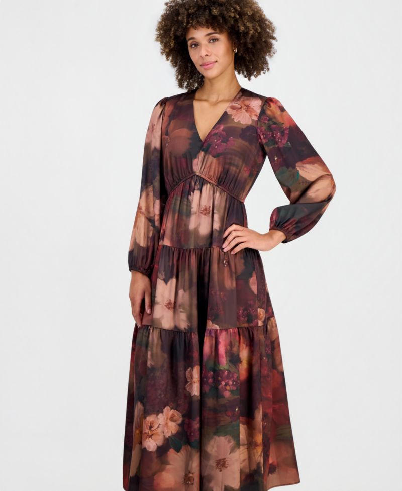 Women's V-Neck Long-Sleeve Tiered Maxi Dress