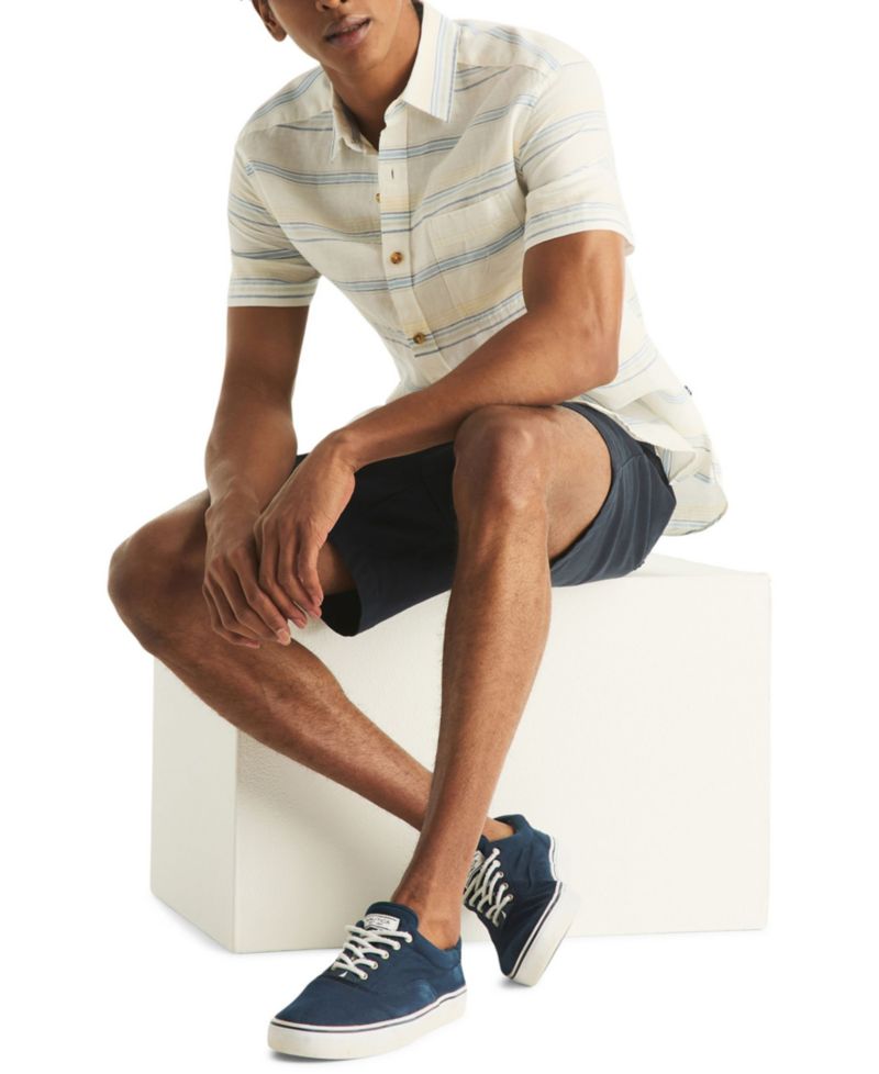 Men's Short-Sleeve Linen-Blend Horizontal Stripes Shirt