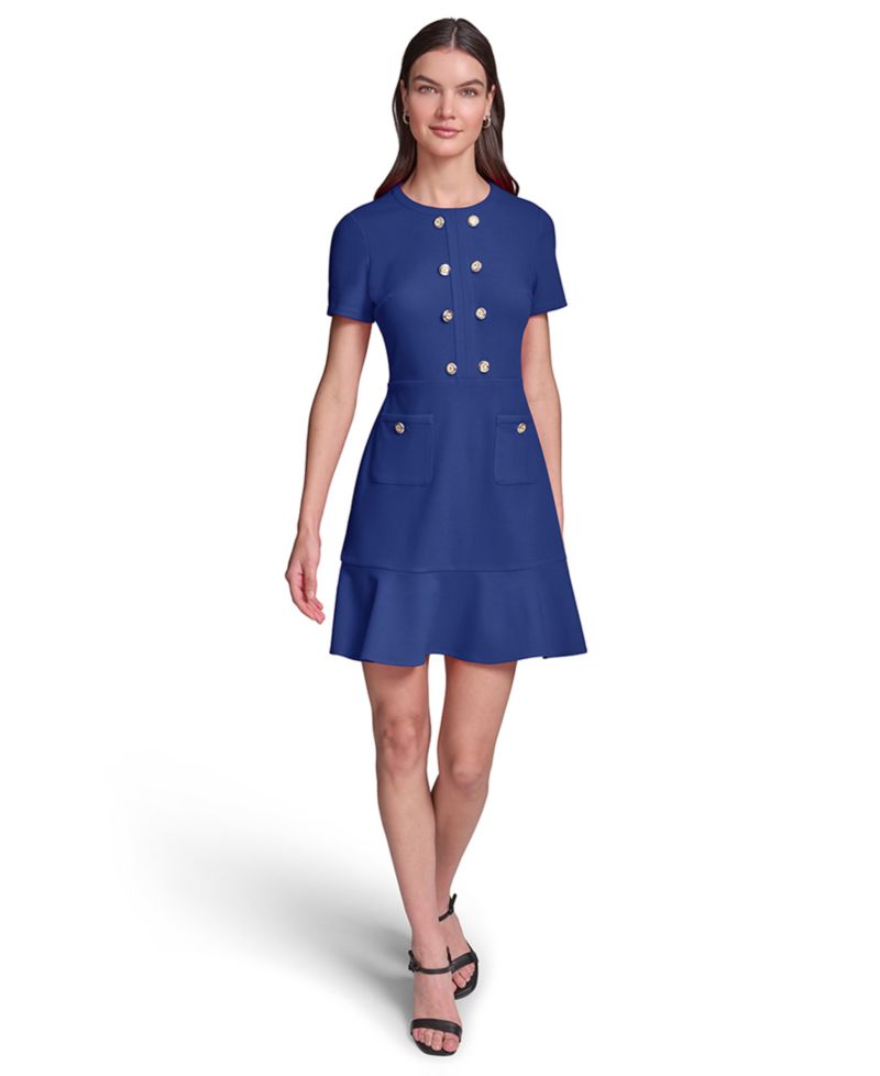 Women's Short-Sleeve Scuba Crepe with Flounce Hem and Button Dress