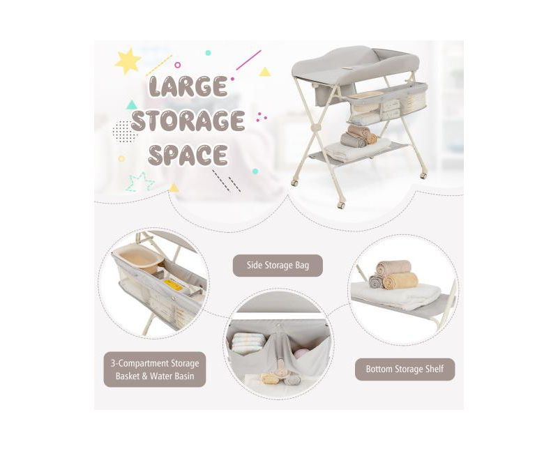 Portable Baby Changing Table with Water Basin and Rolling Wheels for Nursery