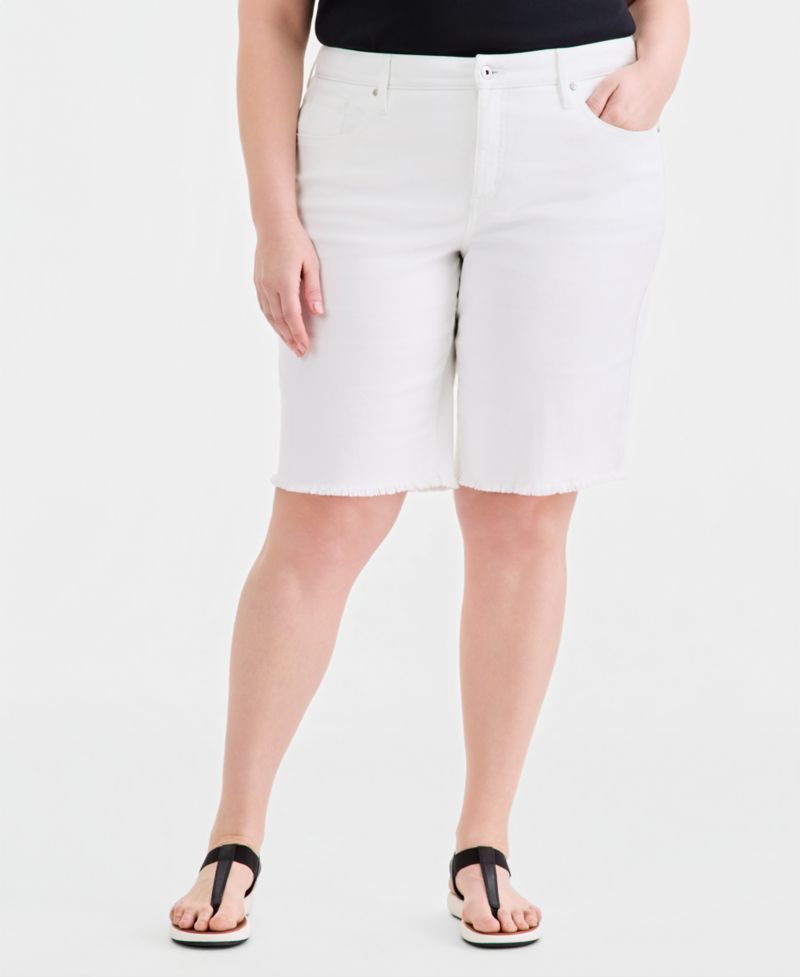 Plus Size Mid-Rise Raw-Edge Bermuda Jean Shorts