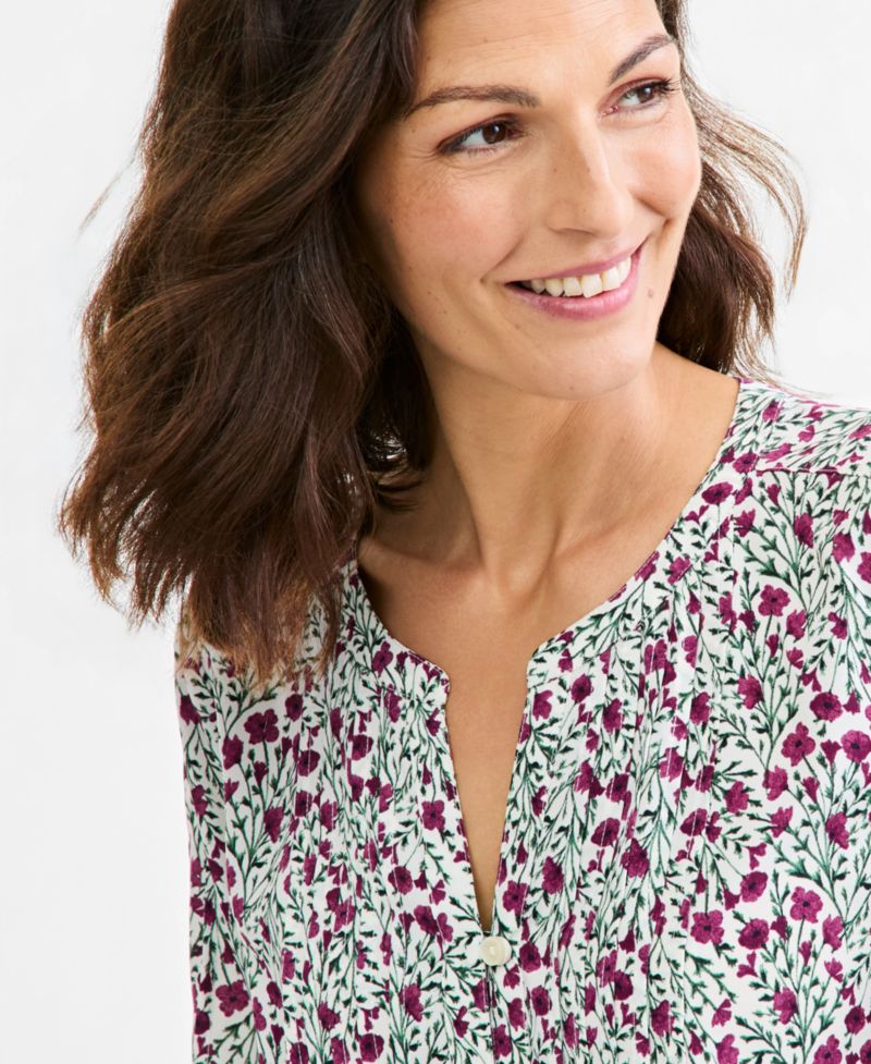 Plus Printed Bell-Sleeve Pintuck Blouse